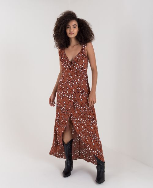 Vestido midi para mujer naranja de tiras con abertura en el frente y estampado animal print