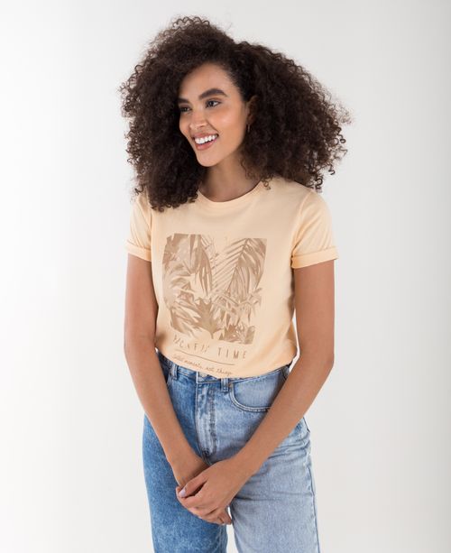 Camiseta para mujer amarilla manga corta con gráfico localizado