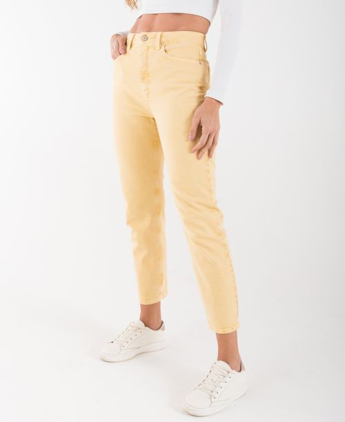 Pantalón para mujer amarillo Mom tiro súper alto con efecto deslavado