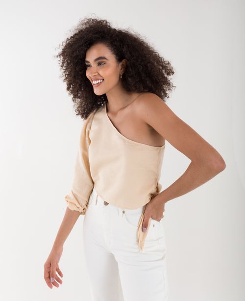 Camisa para mujer amarilla de un solo hombro cropped con detalle anudado