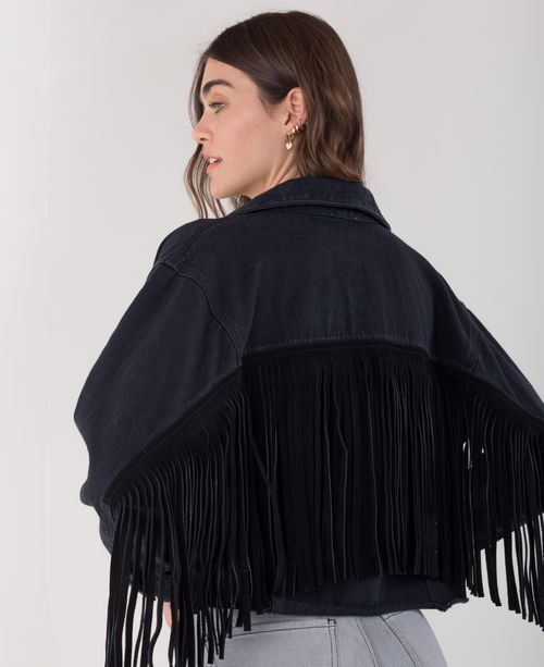 Chaqueta para mujer negra en denim con flecos a tono