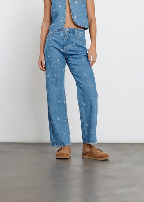 Jean Straight tiro alto con bordados de flores